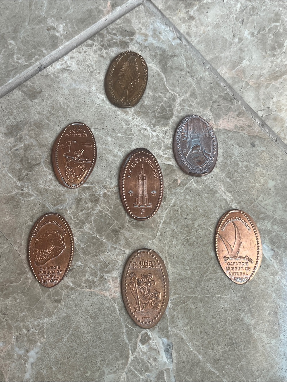 Pressed Souvenir United States Penny Set - Copper-Tone Collectible Lot of 7